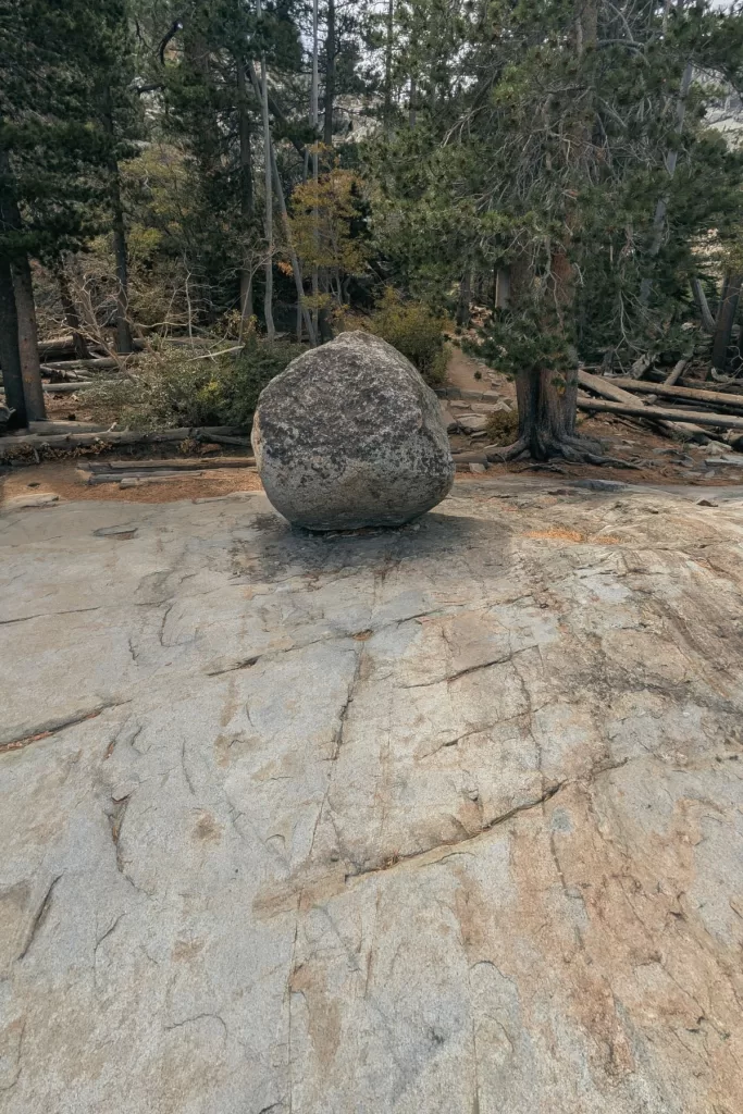 Round rock over a flat surface rock with trees in the background in solitude